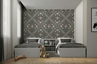 gray wallpaper with a floral pattern

