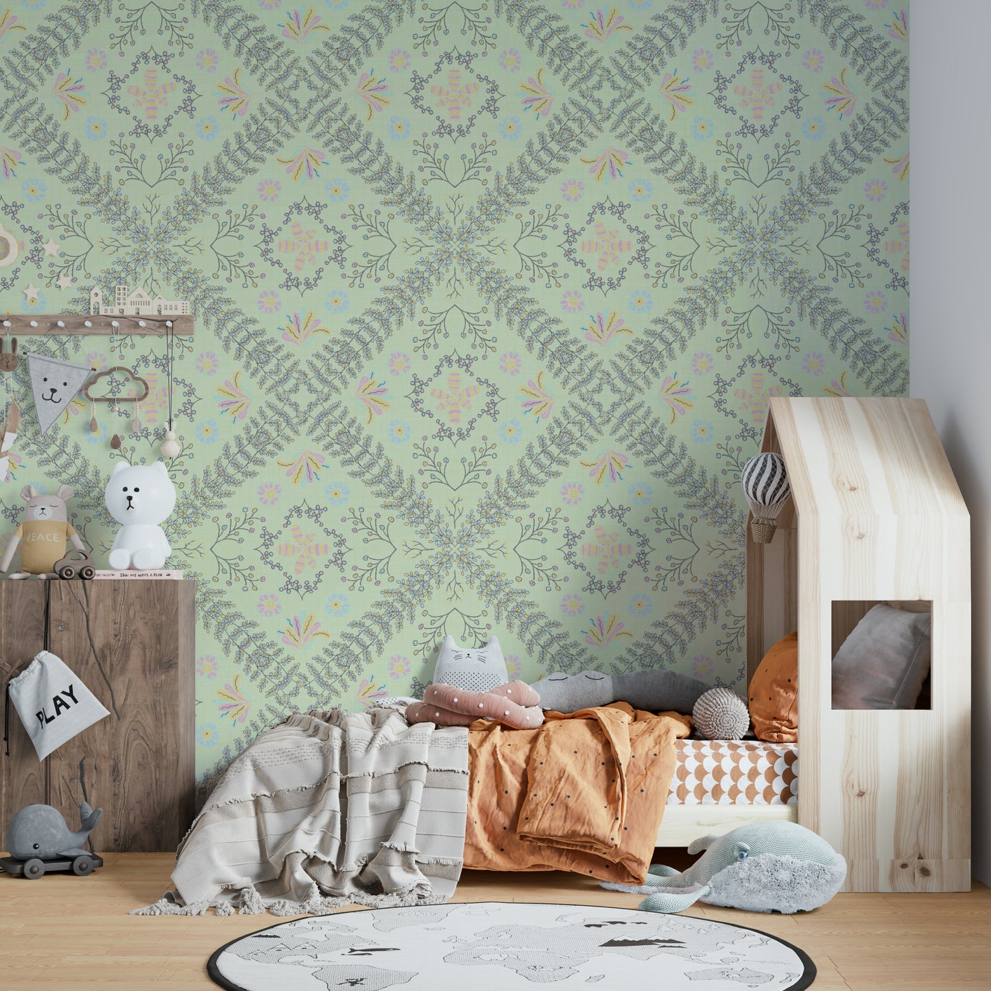 sage green wallpaper with a floral pattern

