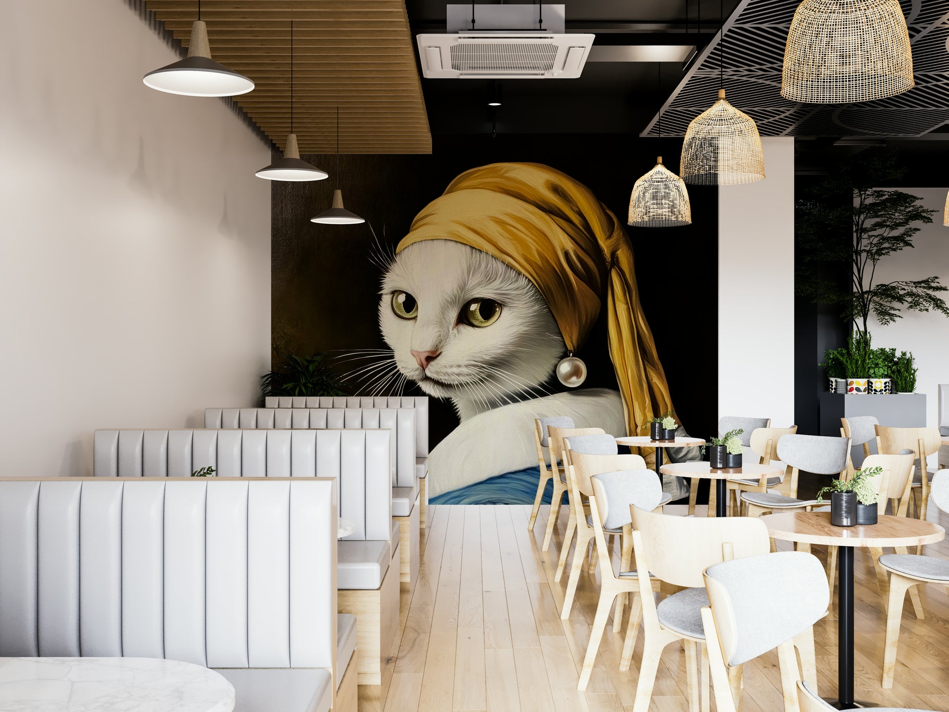 white cat with pearl earring in blue robe wall mural

