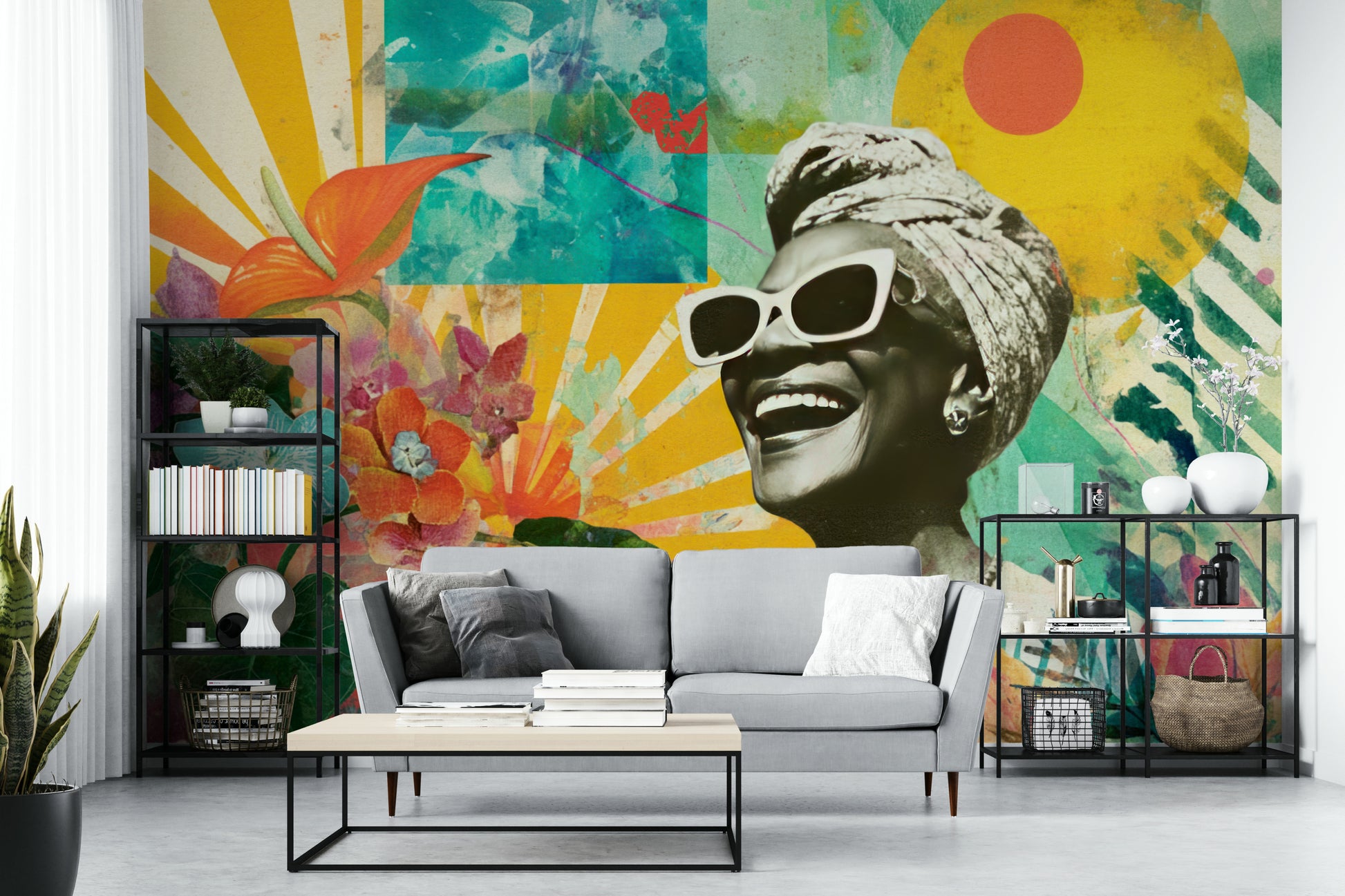 vibrant joyful woman with tropical flowers wall mural

