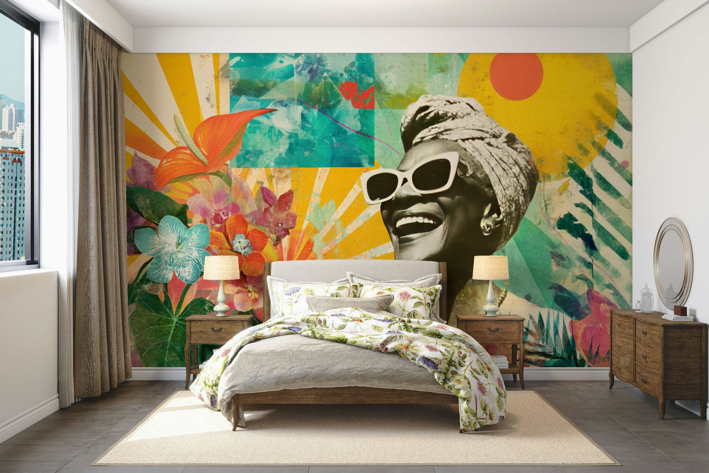 illustrated happy woman with flowers

