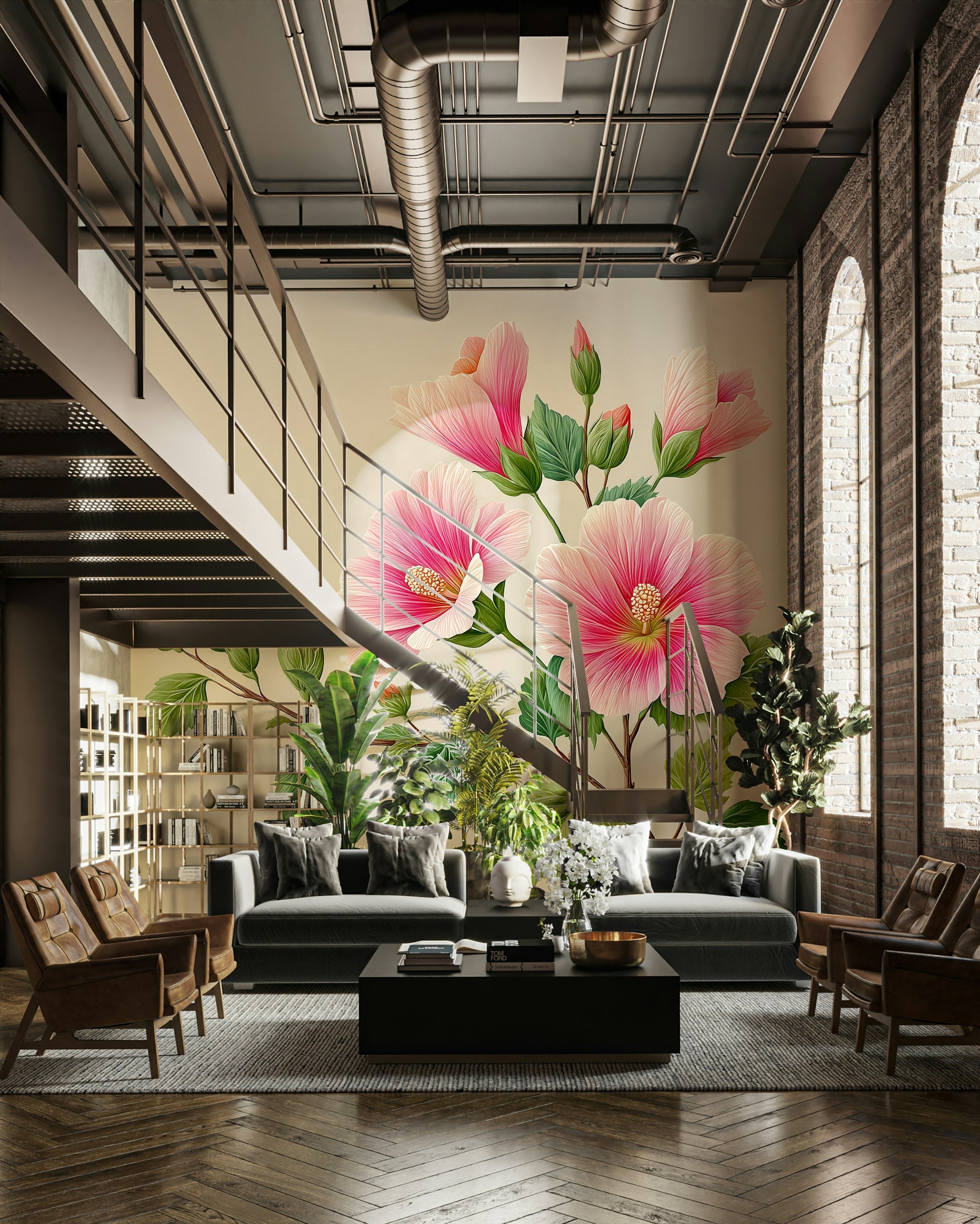 lush green leaves and tropical flowers

