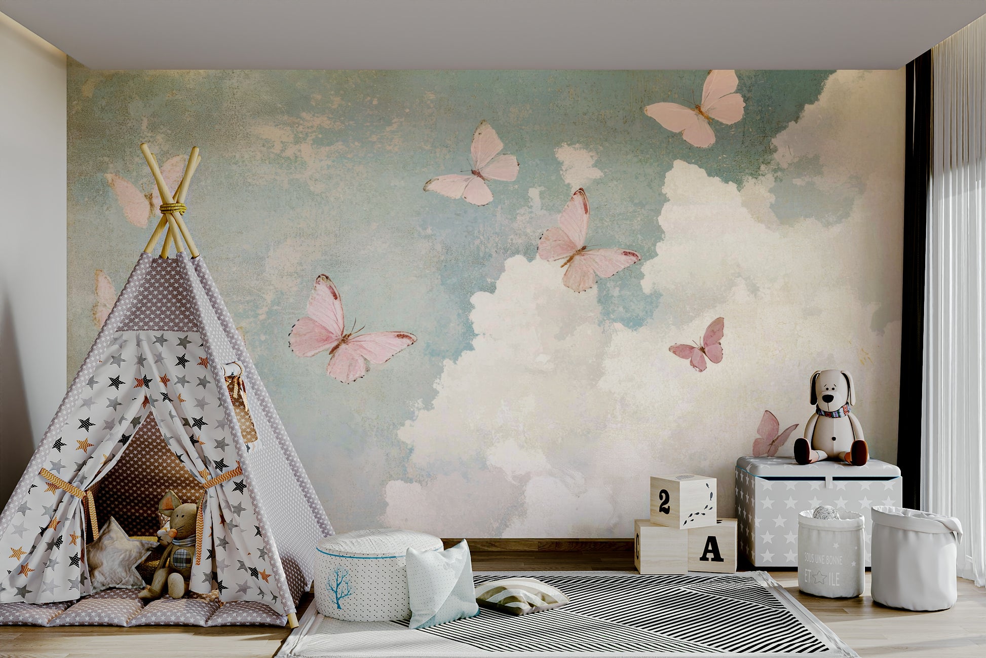 Full view of the wallpaper on a wall.

