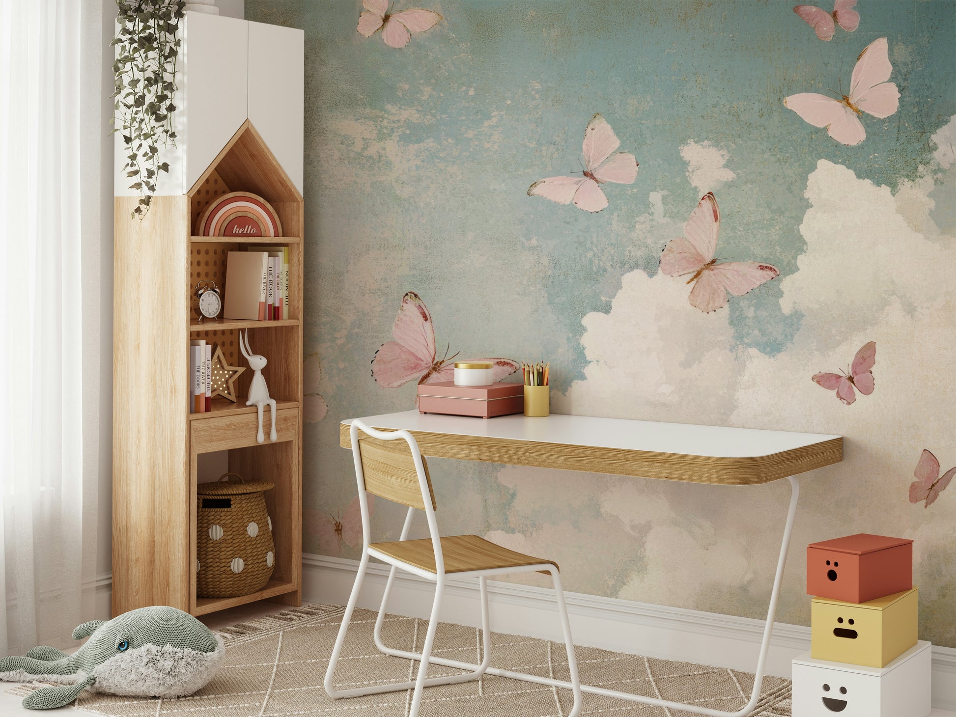 Seamless pattern of whimsical bees, butterflies, and flowers.

