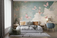 Wallpaper with various floral and animal motifs.

