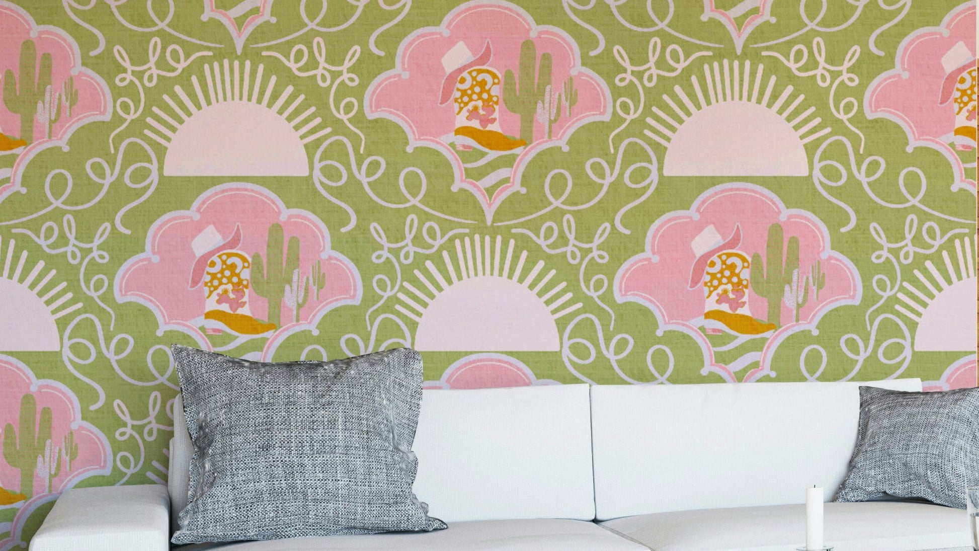 A wallpaper design with a dreamy desert scene.

