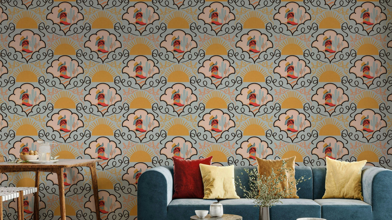 A wallpaper design with red cowboy boots and cacti.

