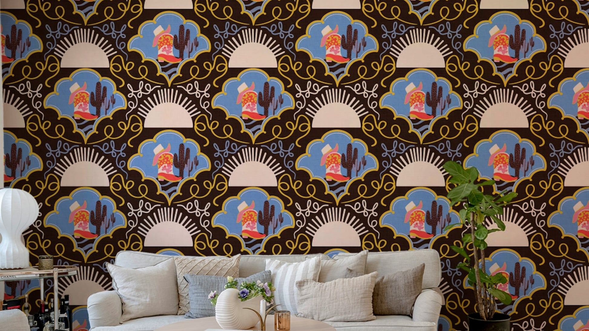 A wallpaper design with red cowboy boots and cacti.


