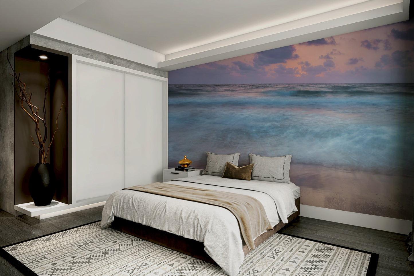 The image shows foamy white waves rushing onto a beach.

