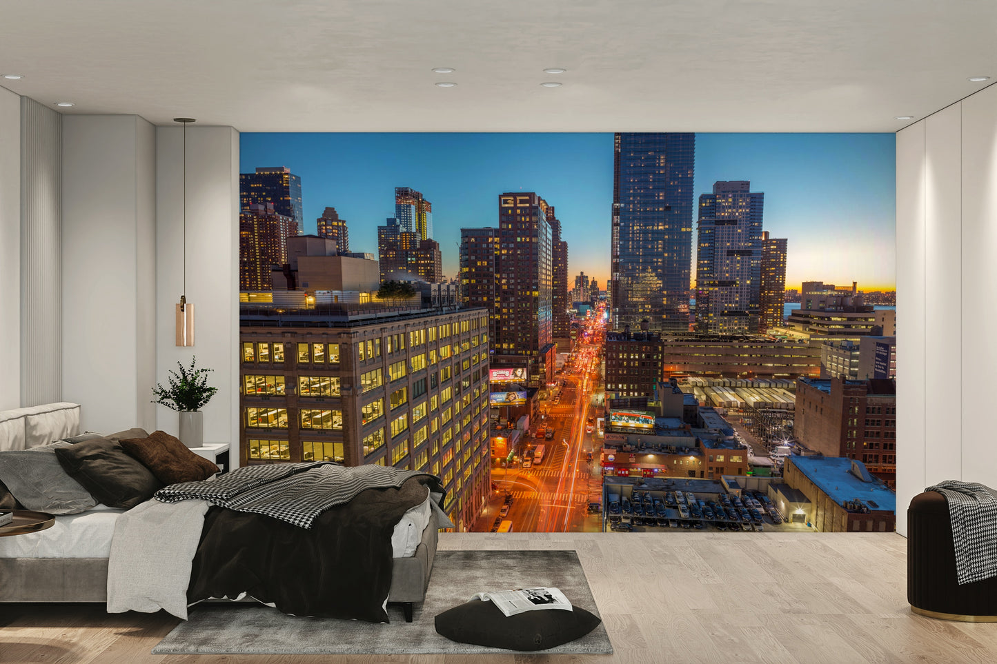 The lights of the city's skyscrapers are just beginning to glow, creating a dramatic contrast.

