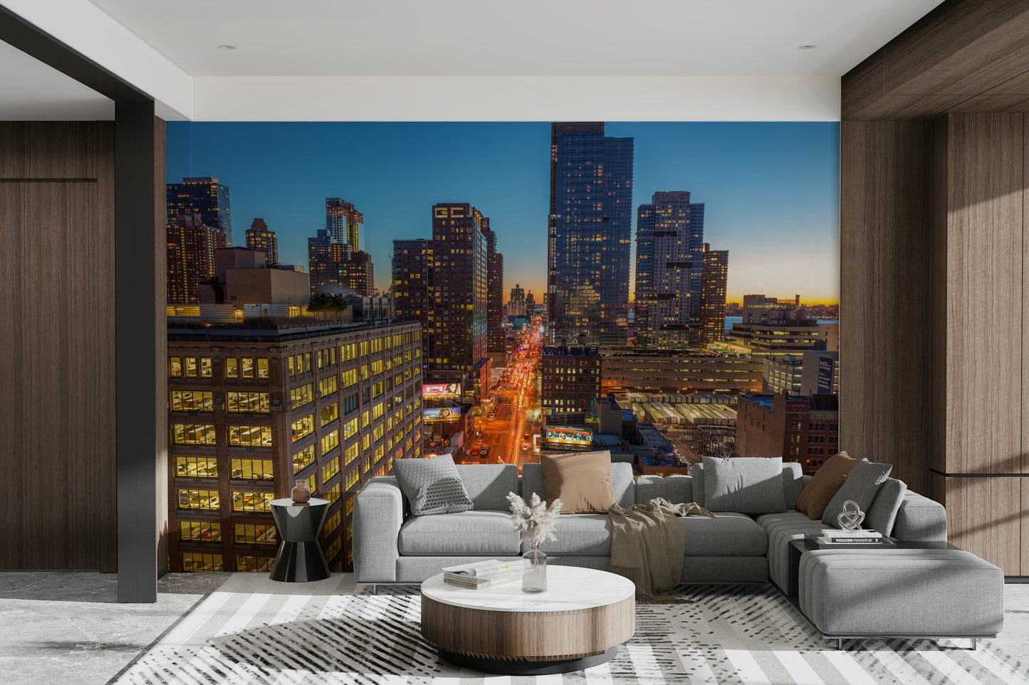A high-resolution photo-realistic wall mural of a city skyline at twilight.

