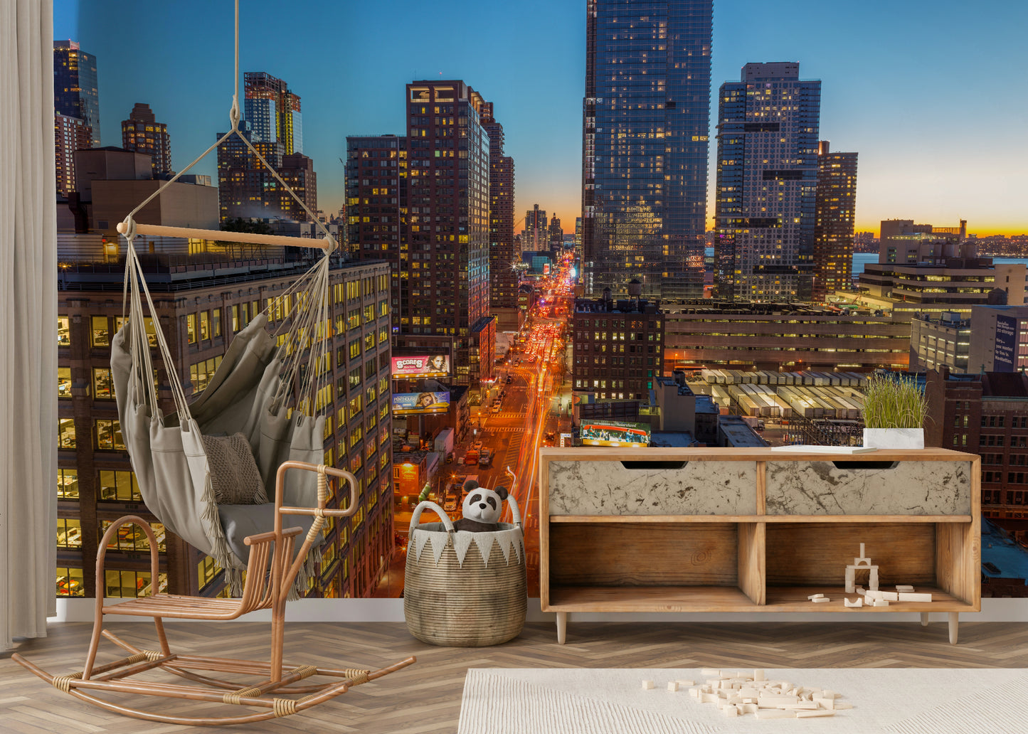 A close-up view of the detailed buildings and their reflections on the glass.

