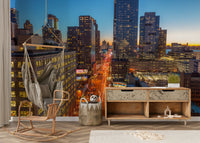 A close-up view of the detailed buildings and their reflections on the glass.

