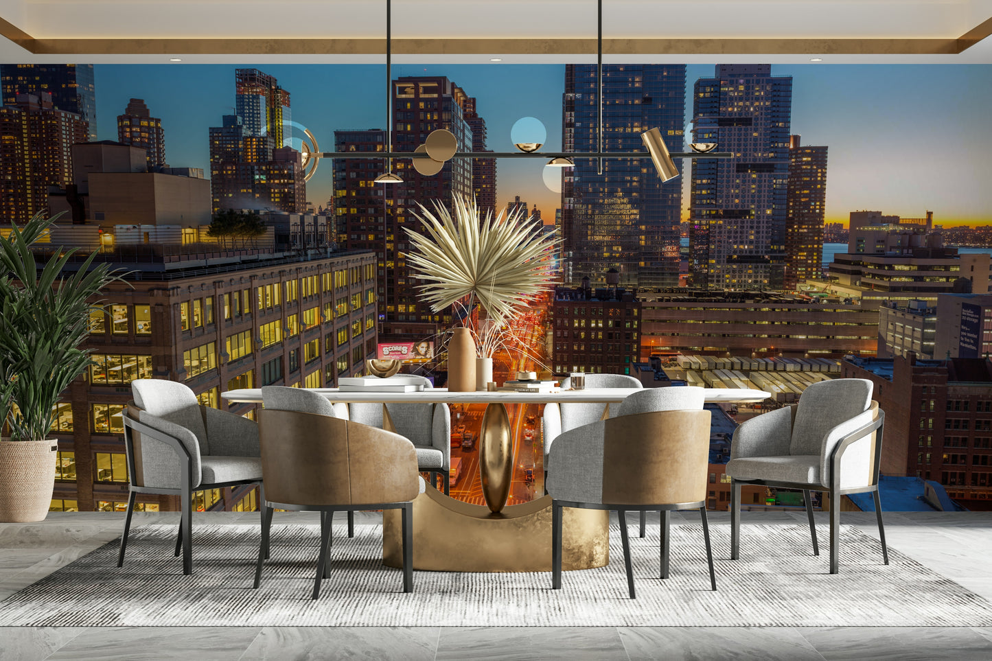 The image shows a sweeping panoramic view of a modern metropolis as the sun sets.

