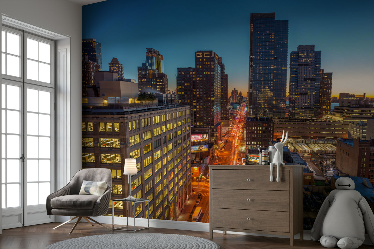 The wall mural is installed on a living room feature wall.

