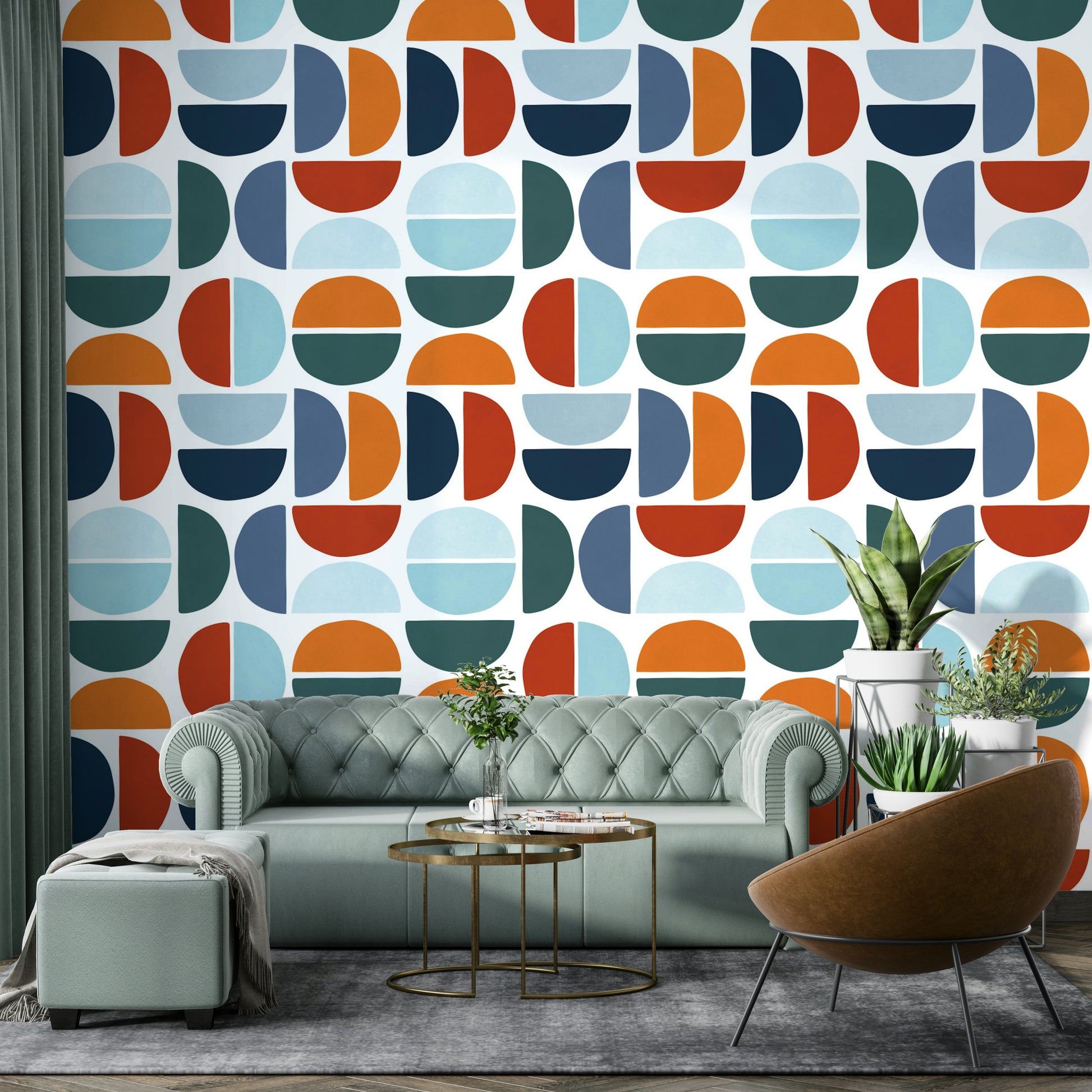 The wall mural is installed on a living room feature wall.

