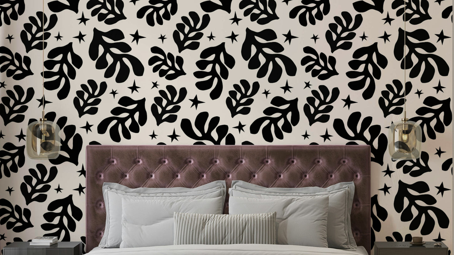 An abstract wall mural with a repeating foliage pattern.

