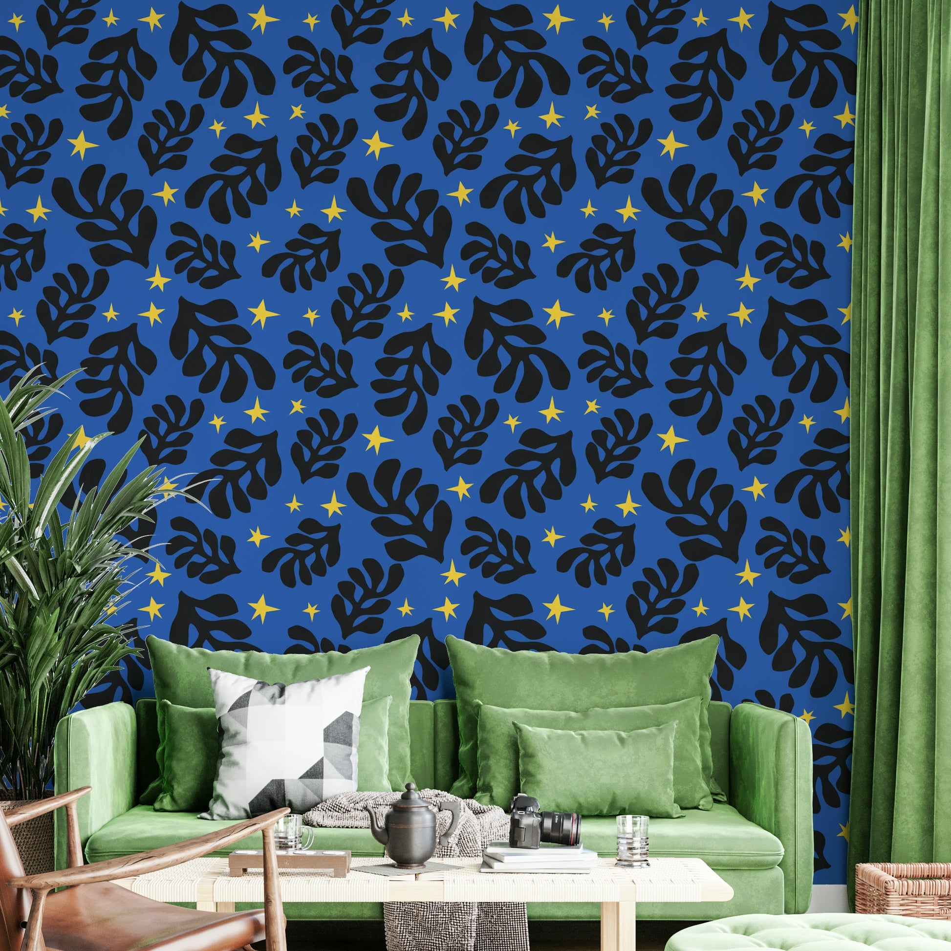 The wall mural is installed on a living room feature wall.

