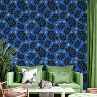 The wall mural is installed on a living room feature wall.

