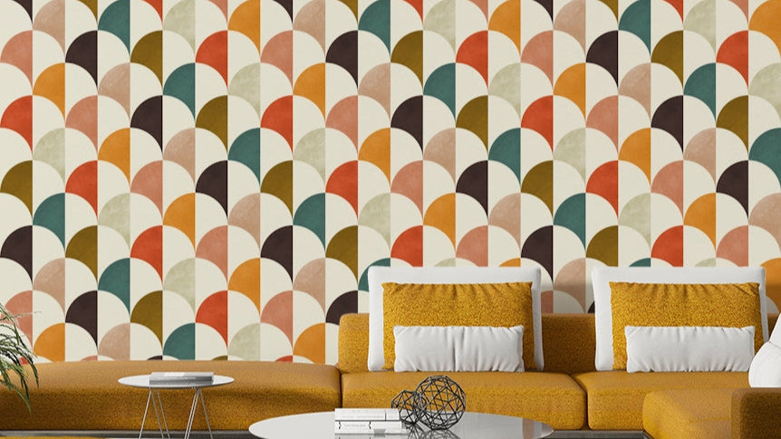A retro-style wall mural with a repeating pattern of arches.

