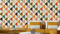 A retro-style wall mural with a repeating pattern of arches.

