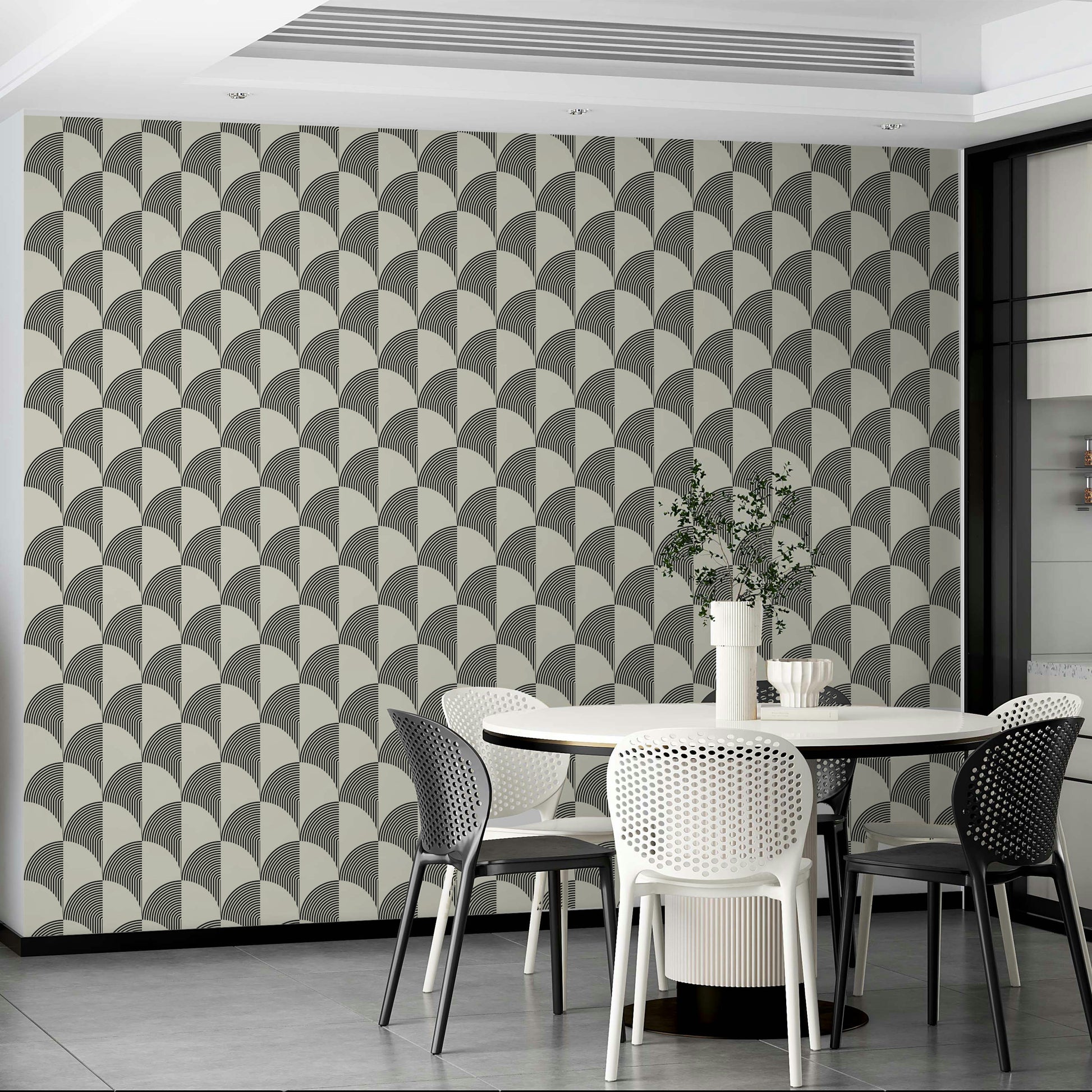 The wallpaper is applied seamlessly, giving the wall a uniform, high-end look.


