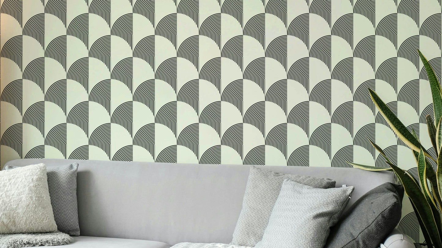 A modern wall mural with a repeating geometric arc pattern.

