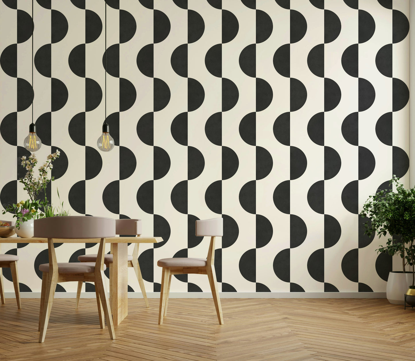 The wallpaper is applied seamlessly, giving the wall a uniform, high-end look.

