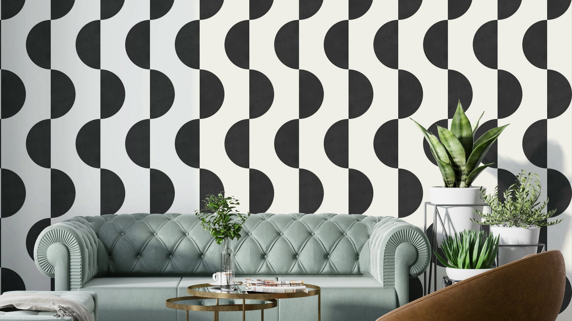 A modern wall mural with a repeating monochrome wave pattern.

