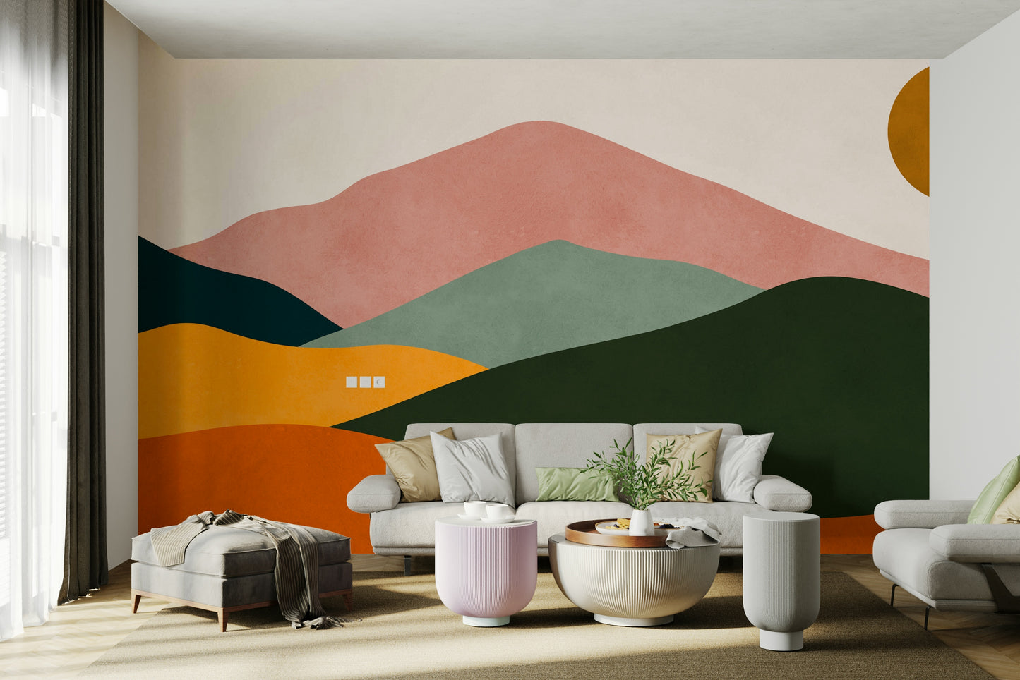 The design features layered, flowing shapes and blended colors inspired by sunsets.

