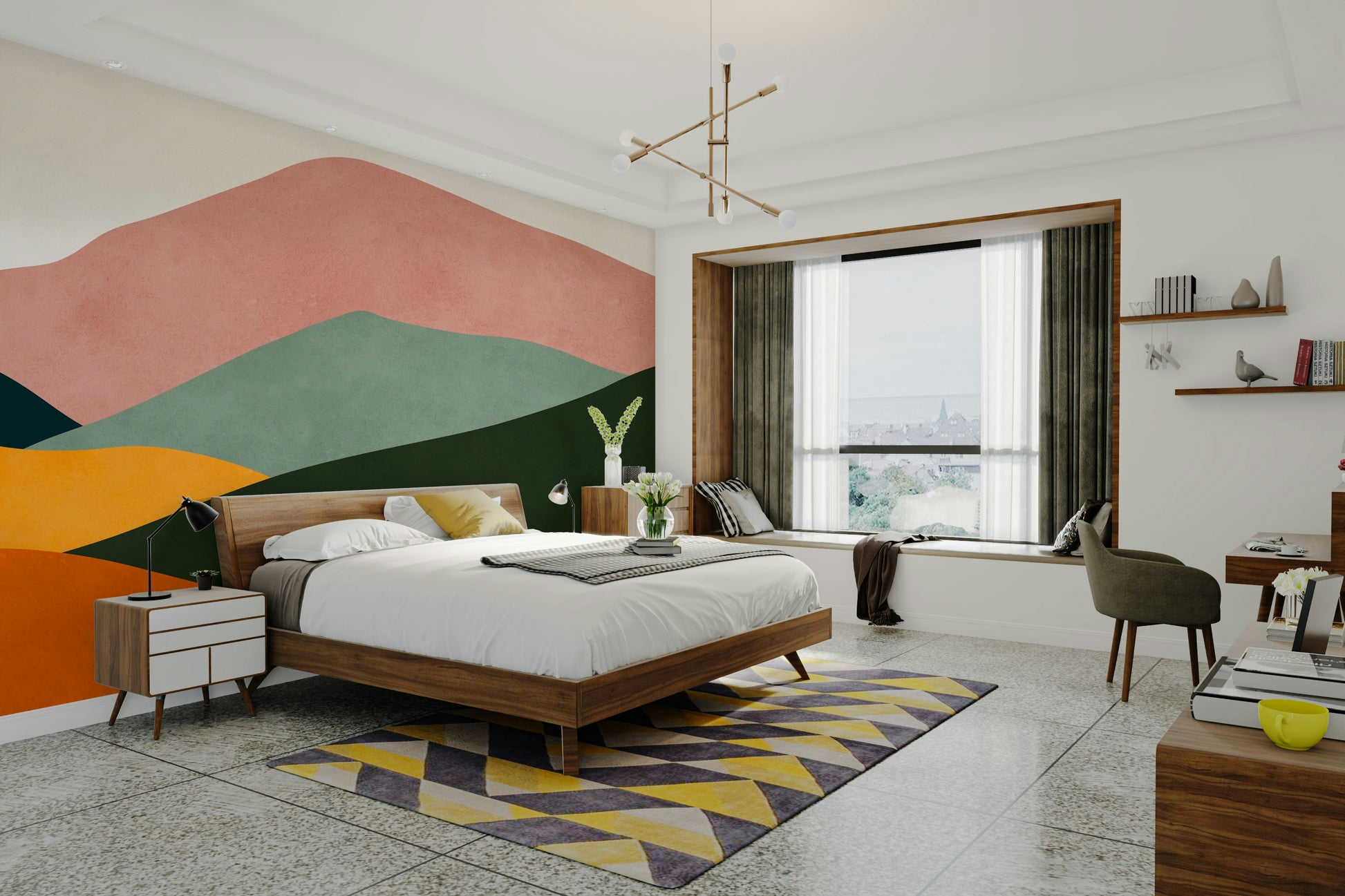 The wallpaper is applied seamlessly, giving the wall a uniform, high-end look.

