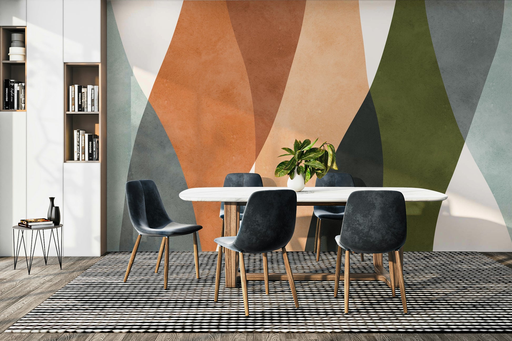 The colors are warm, earthy tones, including terracotta, beige, and soft gray.

