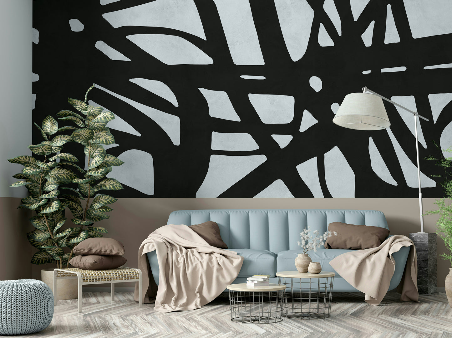 The wallpaper is applied seamlessly, giving the wall a uniform, high-end look.

