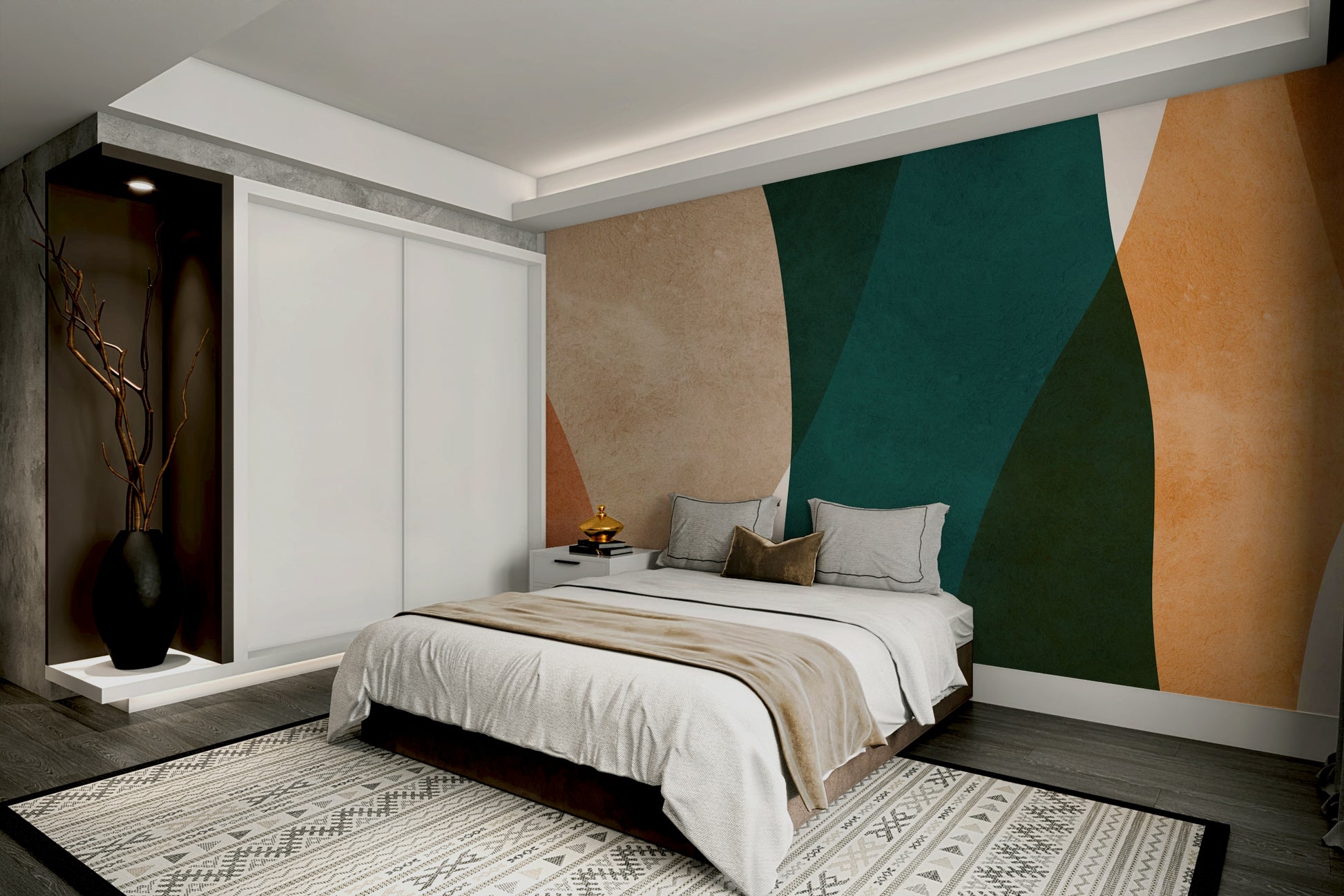The wall mural is installed on a living room feature wall.

