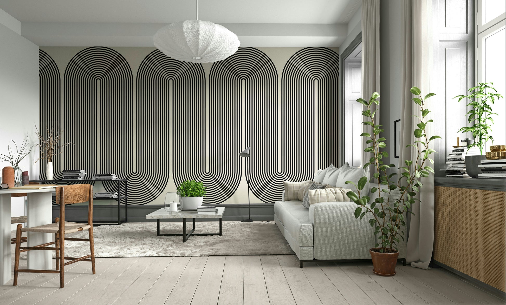 A modern wall mural with a repeating geometric arch pattern.

