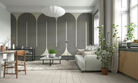 A modern wall mural with a repeating geometric arch pattern.

