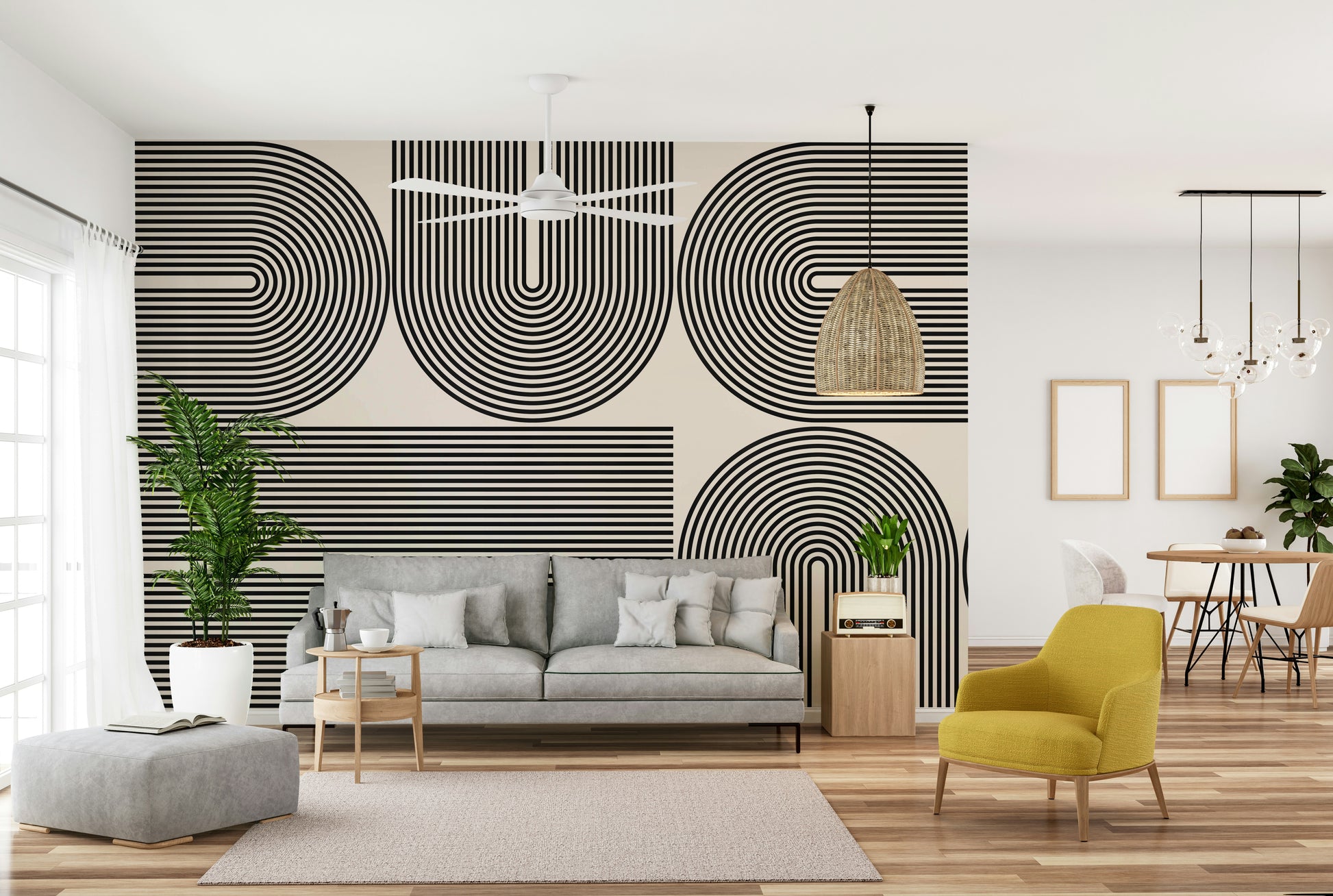 A modern wall mural with a repeating geometric archway pattern.

