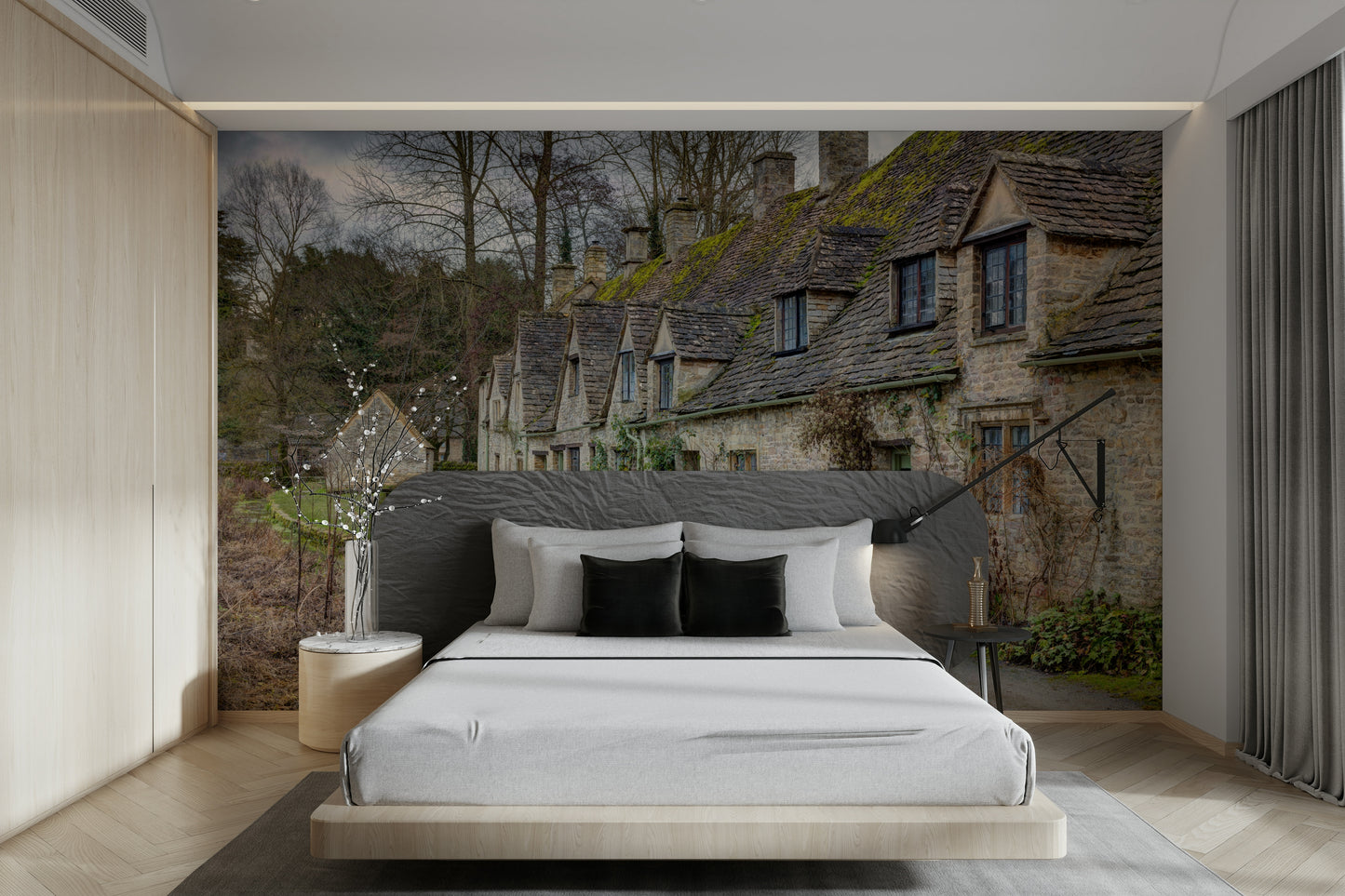 The wallpaper is applied seamlessly, making the view feel realistic.

