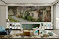 The wall mural is installed on a living room feature wall.

