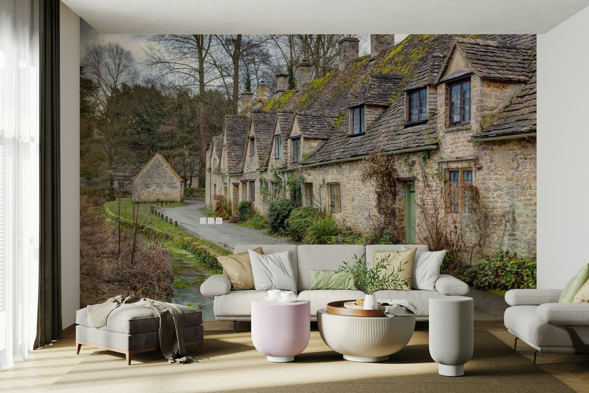 A high-resolution photo-realistic wall mural of Arlington Row in Bibury, England.

