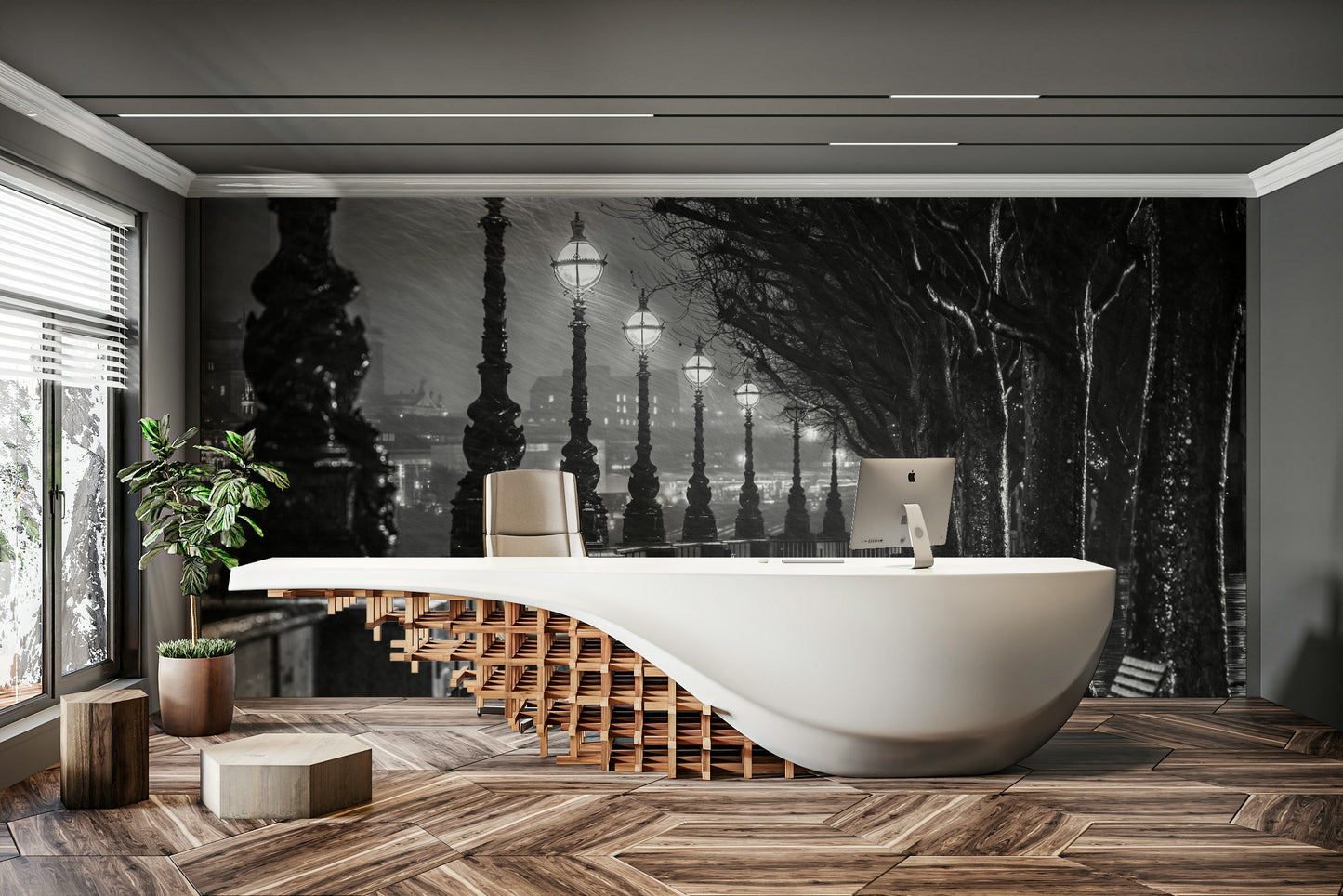 The image shows a wet, reflective path lined with ornate, glowing lampposts.

