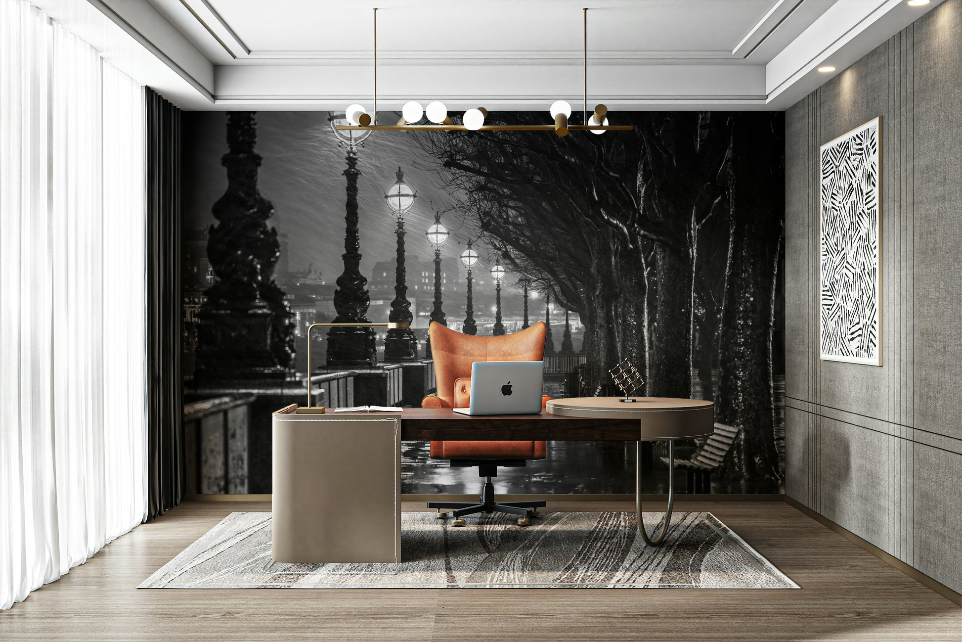 A high-resolution black and white wall mural of the Thames Embankment at night.

