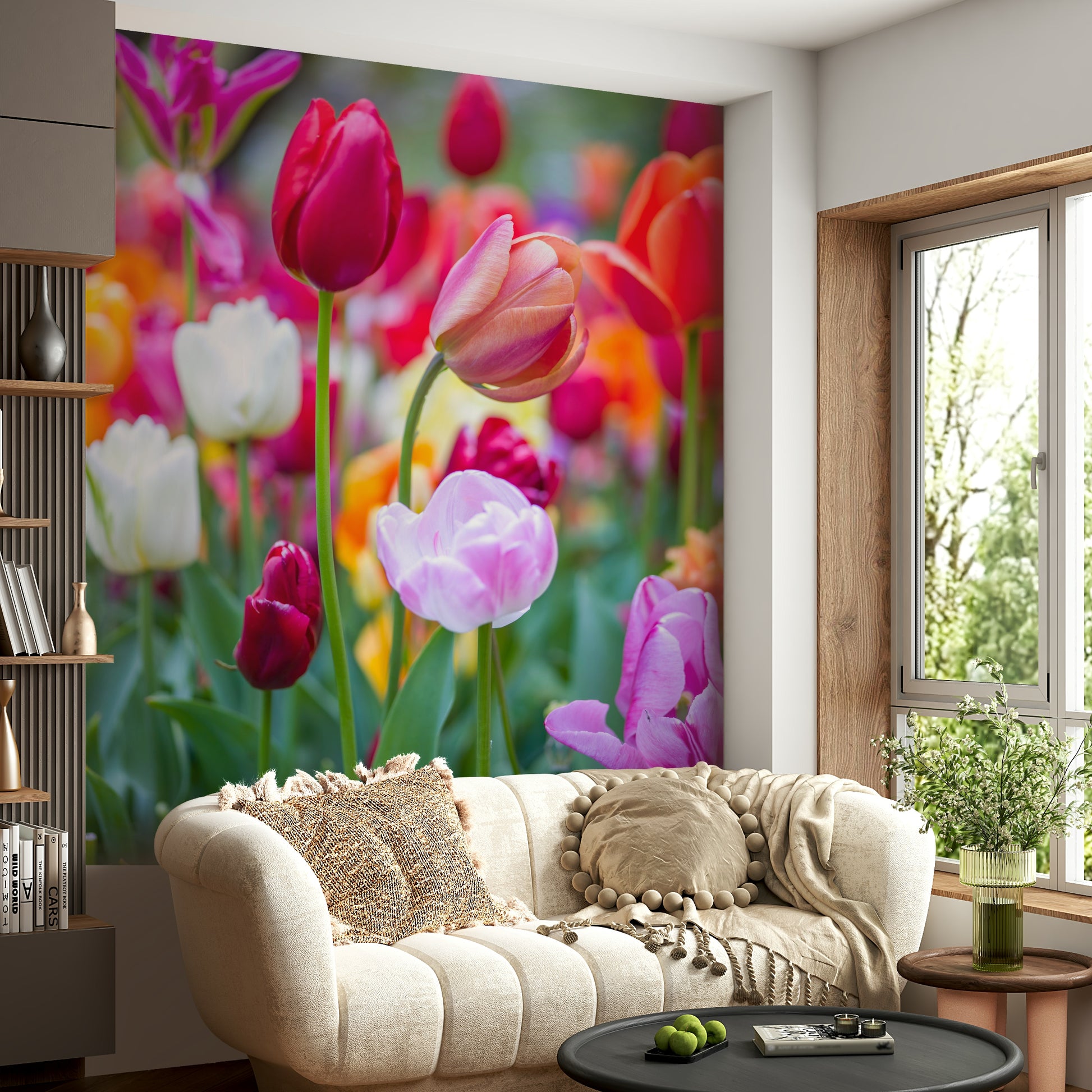 The image shows a close-up view of tulips in full bloom.

