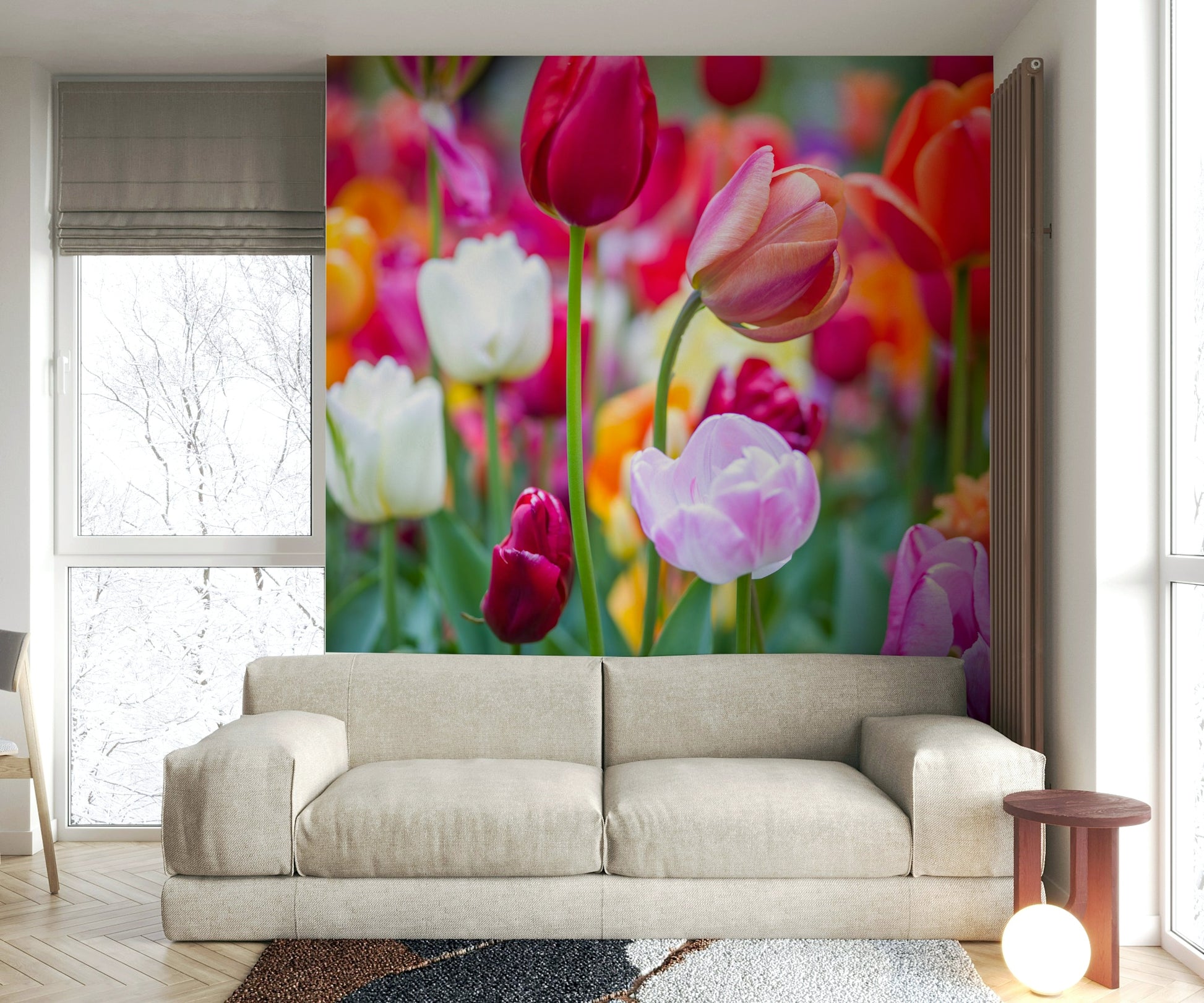 The wall mural is installed on a living room feature wall.

