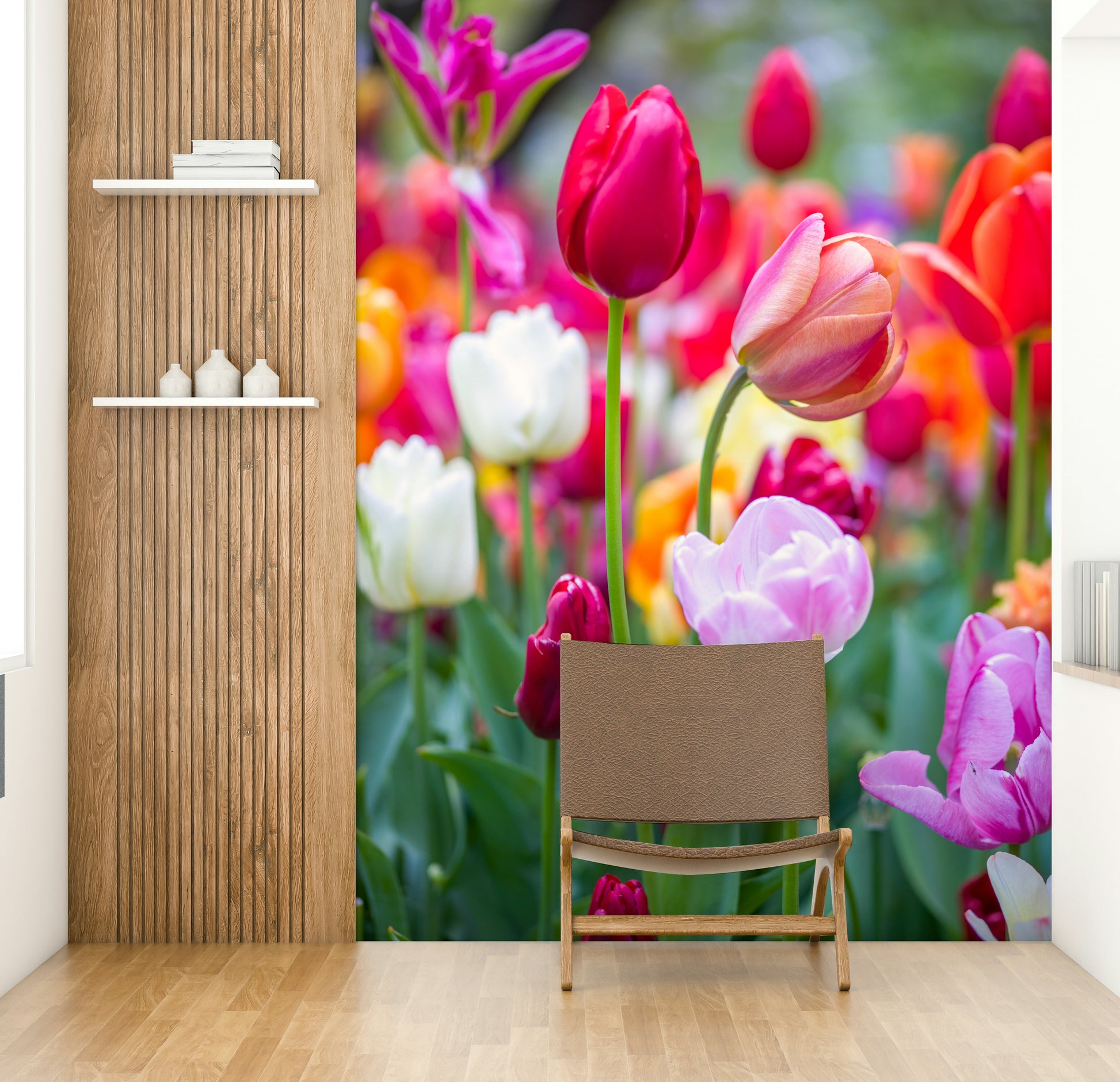 A close-up view of a pink and white tulip with a soft, peach-colored one next to it.

