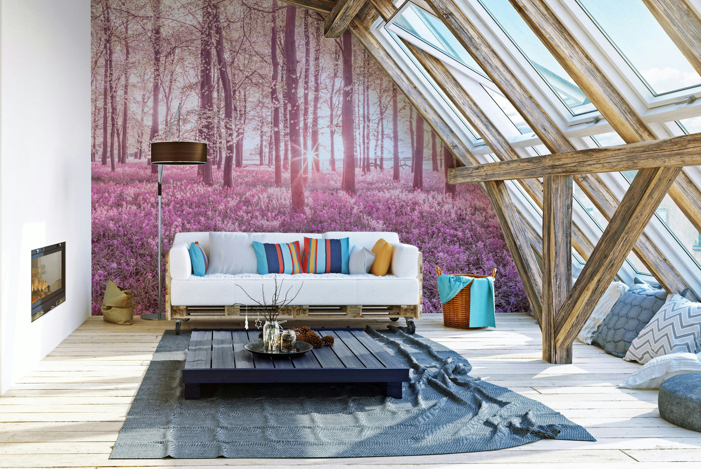 A photo-realistic wall mural of a serene forest scene with a rosy or pinkish glow.

