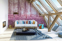 A photo-realistic wall mural of a serene forest scene with a rosy or pinkish glow.


