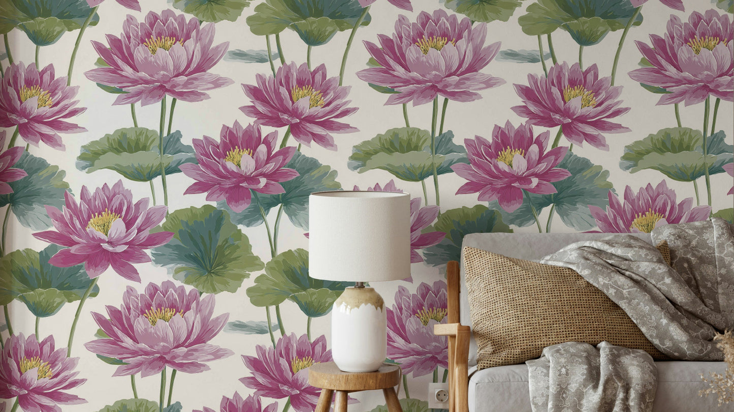 A repeating floral wall mural pattern of blooming lotus flowers.

