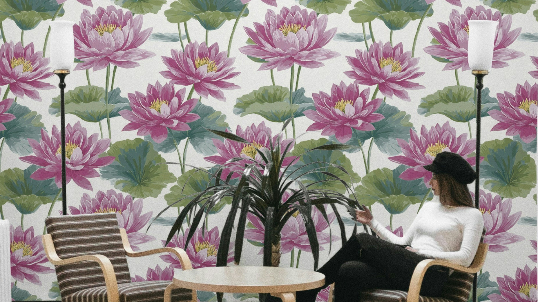 The design features various lotus blossoms in different stages of bloom.

