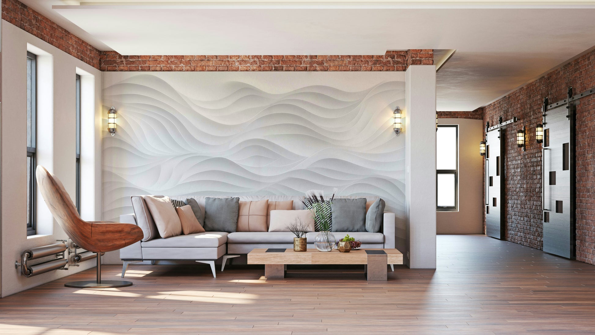 A photo-realistic wall mural with a sculpted, 3D-like pattern.


